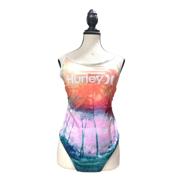 Hurley Sunset Ombre Palm Tree Print One Piece Swimsuit. - Picture 4 of 10